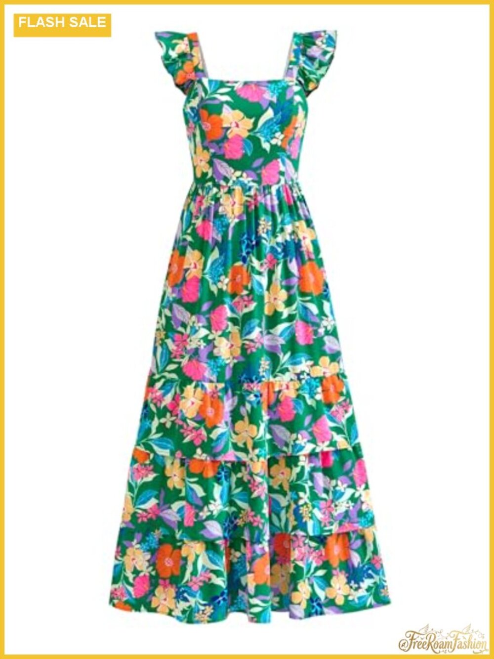 Ruffle Strap Smocked A-Line Boho Floral Maxi Dress with Pockets